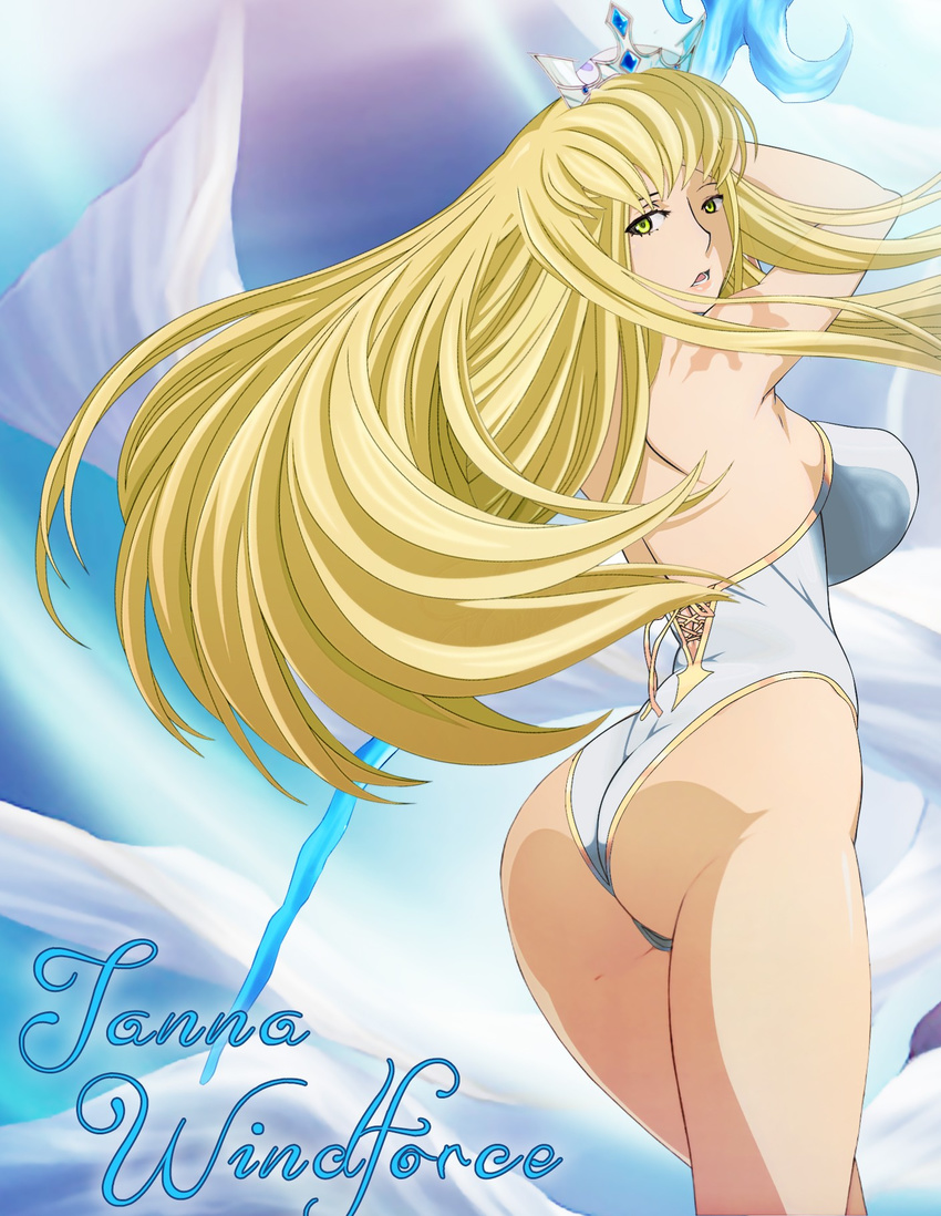 1girl armpits ass back bare_shoulders blonde_hair crown green_eyes janna_windforce large_breasts league_of_legends lips long_hair looking_back open_mouth photoshop solo staff swimsuit tattoo waki