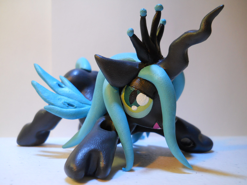 cat_eyes changeling female feral friendship_is_magic green_eyes hair hoikarnage holes horn long_hair looking_at_viewer model my_little_pony plain_background queen_chrysalis_(mlp) real slit_pupils solo toy wings