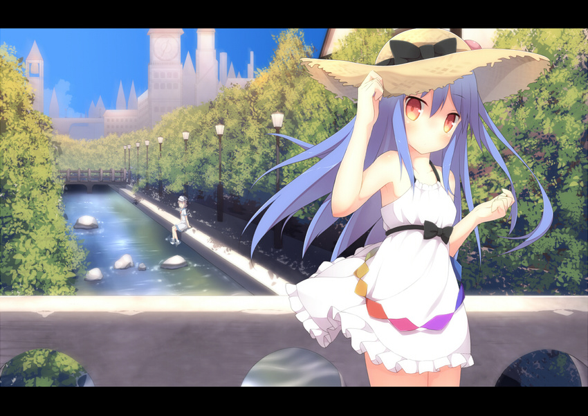 bad_id bad_pixiv_id bare_shoulders blue_hair blush cloud contemporary day dress food fruit hand_on_headwear hat hinanawi_tenshi lamppost letterboxed long_hair looking_at_viewer multiple_girls murasa_minamitsu peach red_eyes river samegami short_hair short_sleeves sitting sky smile soaking_feet solo_focus straw_hat sun_hat sundress touhou water