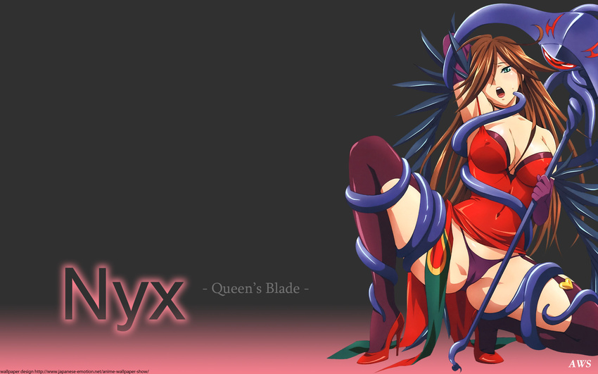 1920x1200 breasts brown_hair dress green_eyes highres large_breasts long_hair nyx open_mouth panties queen's_blade queen's_blade red_dress spread_legs underwear wallpaper