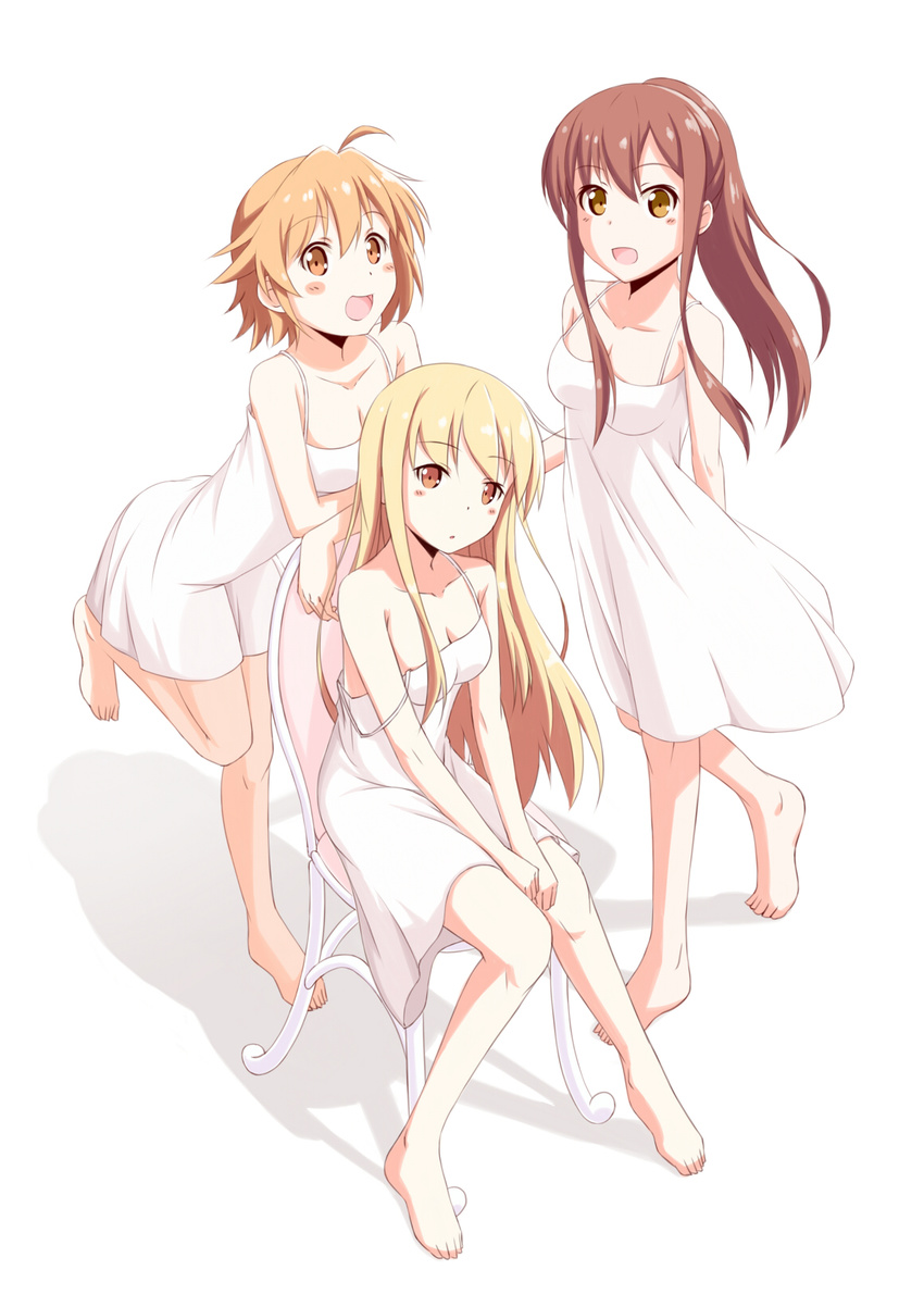 ahoge aoyama_nanami blonde_hair blush brown_hair chair chomo_(asymmate) dress highres kamiigusa_misaki long_hair multiple_girls orange_hair ponytail red_eyes sakura-sou_no_pet_na_kanojo shiina_mashiro sitting skirt strap_slip sundress white_skirt yellow_eyes