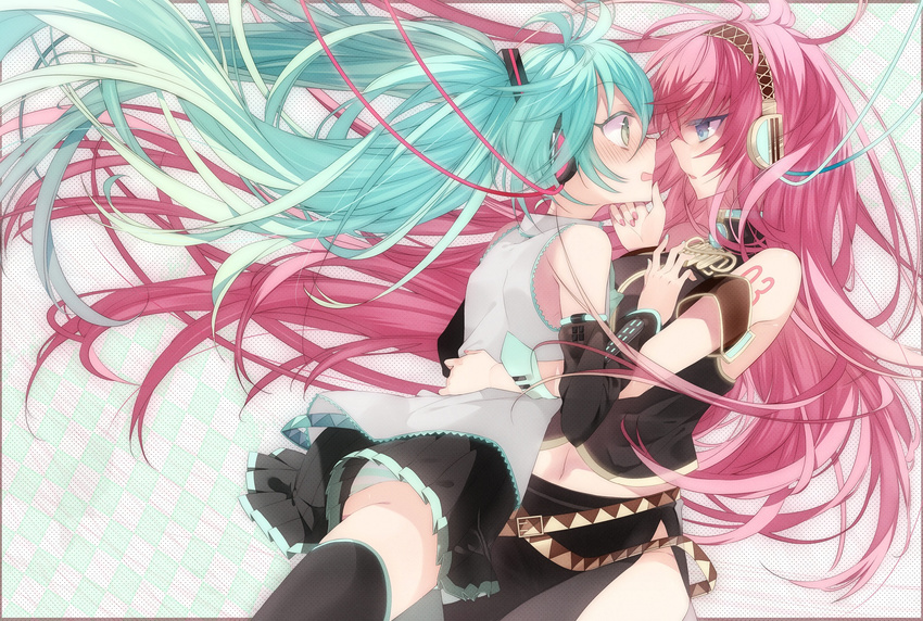 arm_around_waist bad_id bad_pixiv_id belt blue_eyes blush detached_sleeves eye_contact green_eyes green_hair hatsune_miku headphones highres lari long_hair looking_at_another megurine_luka multiple_girls nail_polish necktie panties pink_hair skirt striped striped_panties thighhighs underwear very_long_hair vocaloid yuri