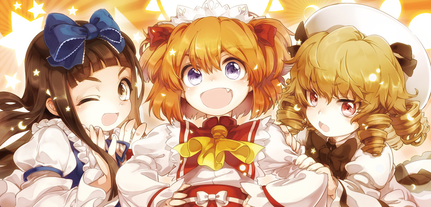 :d ;d ascot bad_id bad_pixiv_id blonde_hair blue_eyes bow brown_eyes brown_hair chestnut_mouth drill_hair fang hair_bow hands_on_hips hat long_hair looking_at_viewer luna_child multiple_girls one_eye_closed open_mouth red_eyes short_hair smile star star_sapphire sunny_milk touhou twintails yukizen