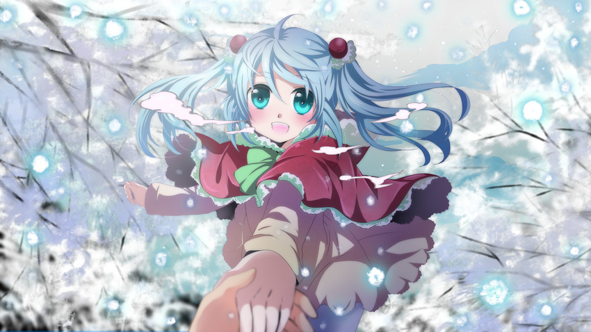 :d aqua_eyes blue_hair blush hatsune_miku highres holding_hands long_hair mariwai_(marireroy) open_mouth out_of_frame pov pov_hands smile snow solo_focus twintails vocaloid