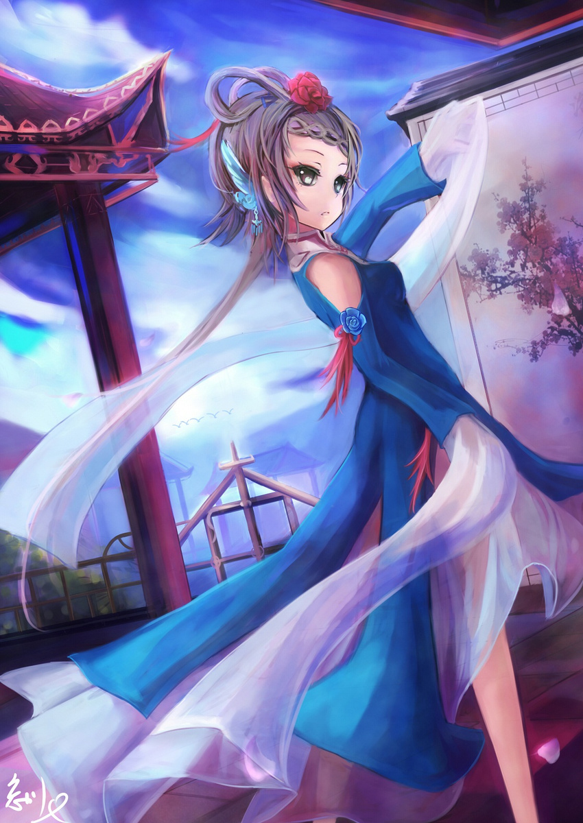 chinese_clothes dress hair_ornament highres long_sleeves looking_back luo_tianyi san_yue_yu_(vocaloid) sleeves_past_fingers sleeves_past_wrists solo very_long_sleeves vocaloid vocanese wangchuan_de_quanyan