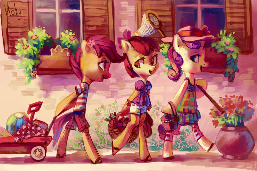 absurd_res anthro anthrofied apple_bloom_(mlp) basket butterfly_net cart clothing cub cutie_mark_crusaders_(mlp) equine female flover flower friendship_is_magic green_eyes group hair hi_res holivi horn horse mammal my_little_pony pony purple_eyes purple_hair scootaloo_(mlp) sweetie_belle_(mlp) toy toys unicorn window young