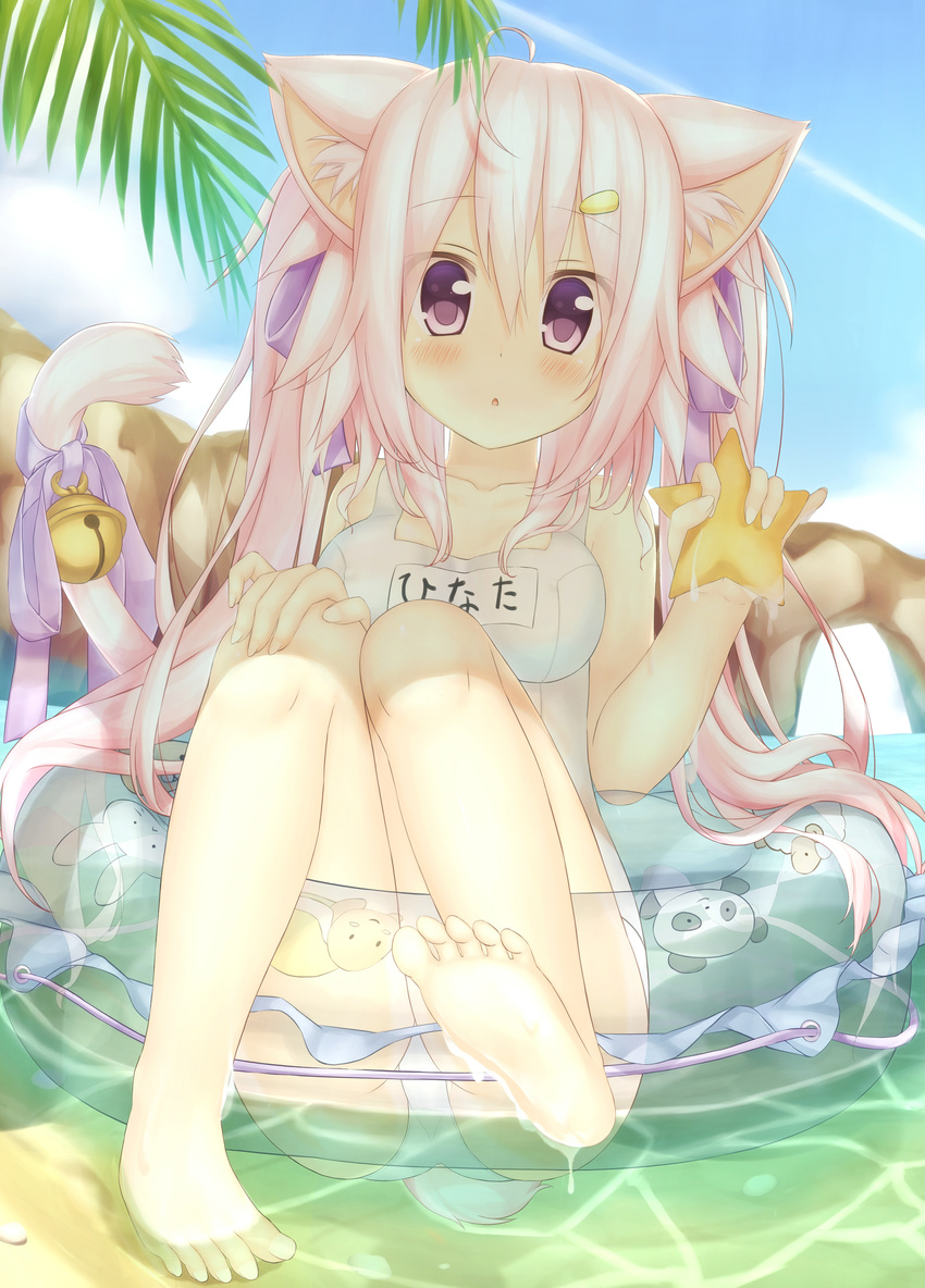 :o absurdres animal_ears bare_legs bare_shoulders barefoot beach bell blush cat_ears cat_tail cloud day feet highres holding innertube jingle_bell long_hair looking_at_viewer name_tag natsume_hinata ocean one-piece_swimsuit original outdoors pink_eyes pink_hair ribbon school_swimsuit sky soles solo starfish swimsuit tail tail_bell tail_ribbon toes twintails very_long_hair wataru_(zazazazazazawa) water white_school_swimsuit white_swimsuit wide-eyed