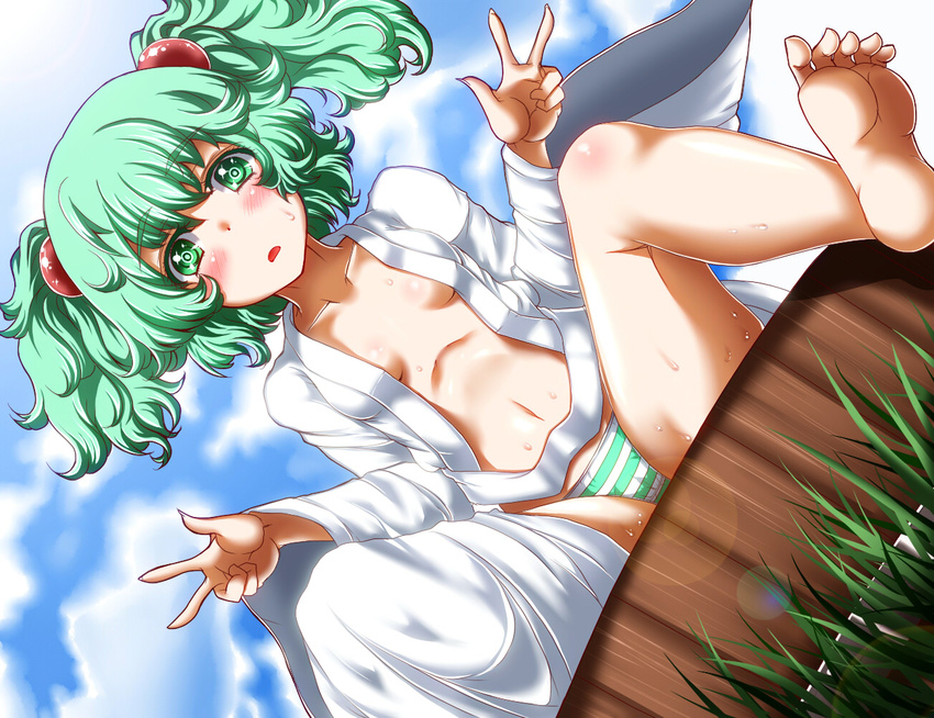 bare_legs barefoot blue_hair blush breasts bucket cloud collarbone dress gesture grass green_eyes green_hair green_panties hair_bobbles hair_ornament in_bucket in_container japanese_clothes kimono kisume lens_flare long_sleeves looking_at_viewer medium_breasts midriff navel open_clothes open_kimono open_mouth panties sitting solo spread_legs striped striped_panties sweat touhou twintails underwear white_dress wide_sleeves wooden_bucket zan_(harukahime)