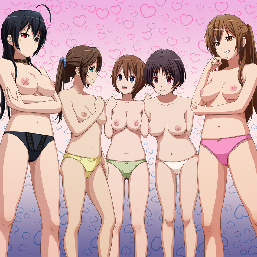 :d ahoge bare_shoulders black_hair black_panties blue_eyes blush breasts brown_hair cameltoe chuunibyou_demo_koi_ga_shitai! collar collarbone elenab gradient gradient_background green_panties grin hair_ornament hairclip heart highres lineup long_hair medium_breasts multiple_girls nibutani_shinka nipples open_mouth panties pink_eyes pink_panties ponytail red_eyes short_hair skindentation smile takanashi_touka togashi_yuuta's_mother tsukumo_nanase tsuyuri_kumin underwear underwear_only white_panties yellow_panties