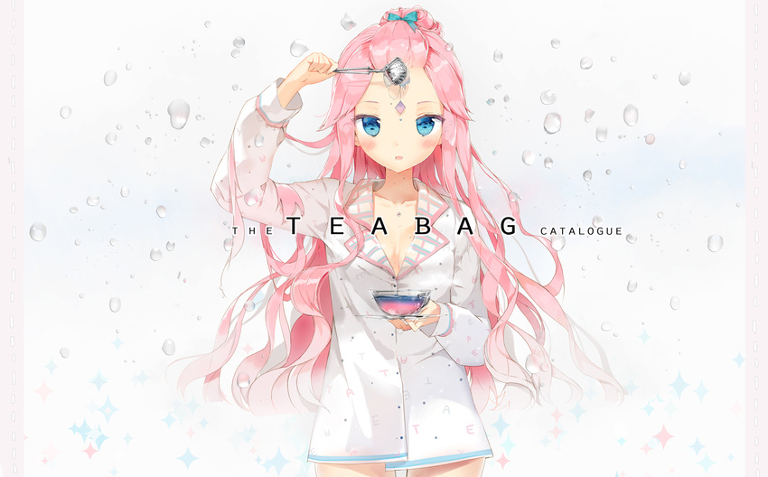 anmi arm_up blue_eyes blush breasts cleavage collarbone cover cover_page cup highres holding long_hair looking_at_viewer original pink_hair plate shirt small_breasts solo strainer tea teabag teacup water