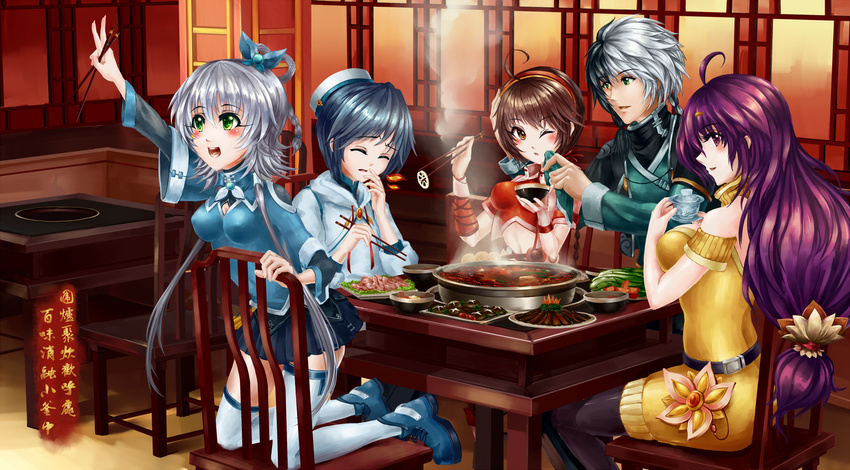 3girls ahoge chopsticks eating food guolu hand_on_another's_head handkerchief highres hotpot kneeling luo_tianyi mo_qingxian multiple_boys multiple_girls on_chair one_eye_closed pantyhose restaurant thighhighs vocaloid vocanese wiping yakiniku yuezheng_ling yuezheng_longya zhiyu_moke