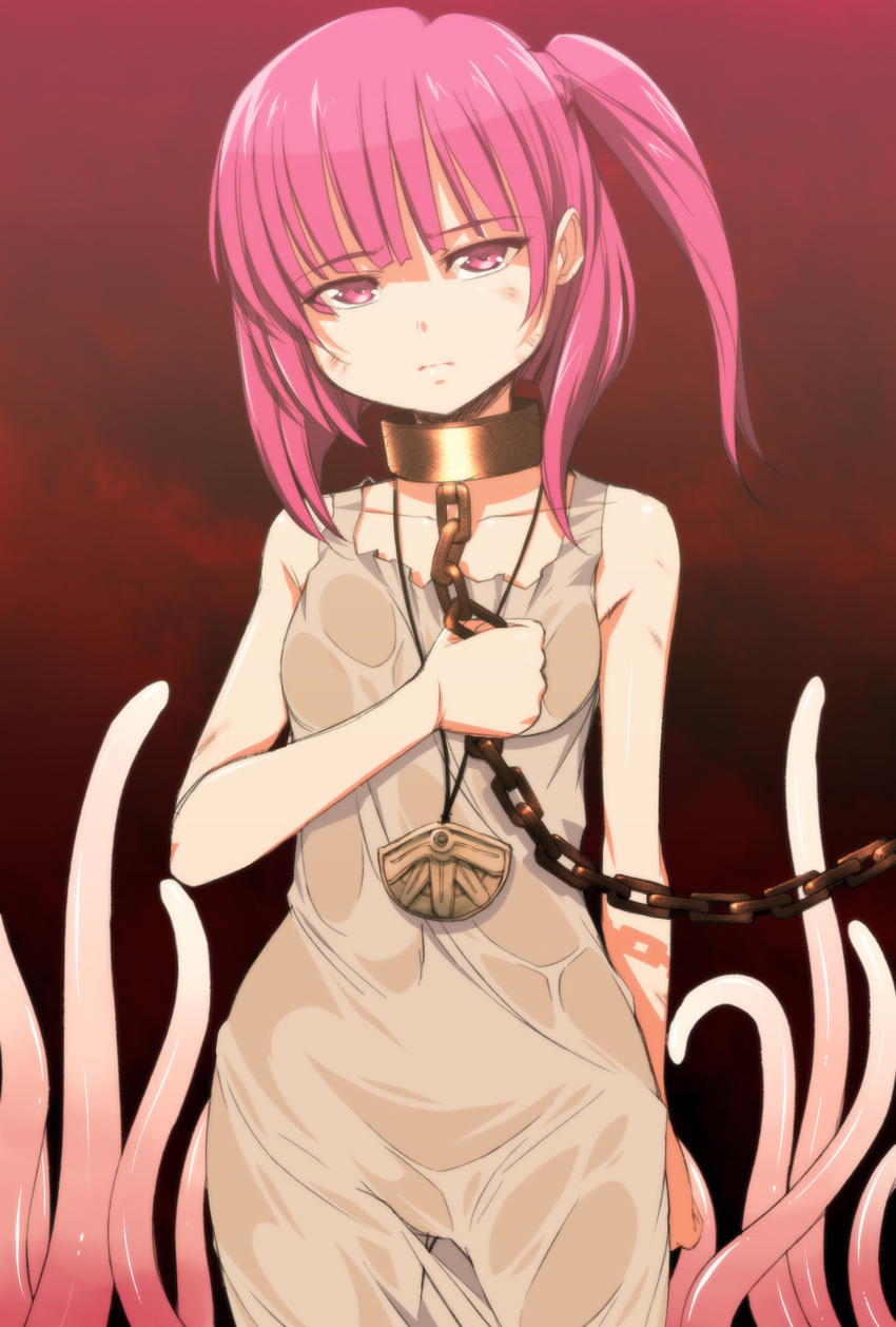 bare_shoulders chain collar collarbone dress highres magi_the_labyrinth_of_magic metal_collar morgiana one_side_up onija_tarou pink_eyes pink_hair slave solo tentacles