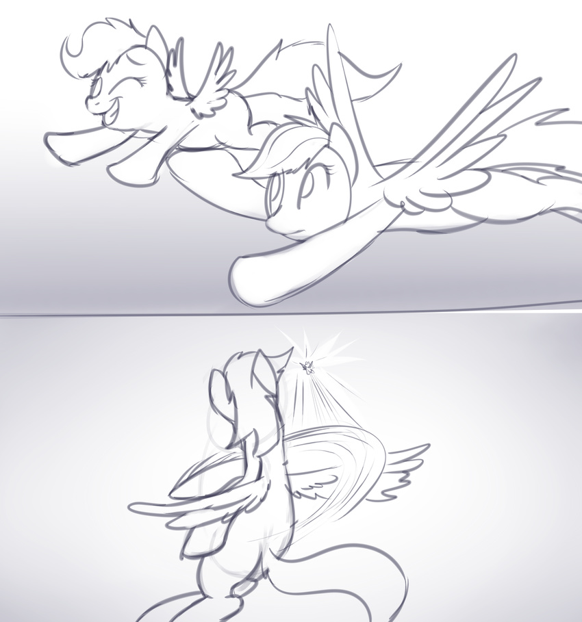braeburned cub duo equine female feral flying friendship_is_magic horse mammal monochrome my_little_pony pegasus pony rainbow_dash_(mlp) scootaloo_(mlp) sketch wings young