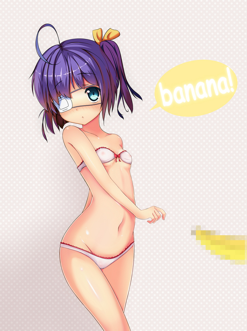 :&lt; ahoge aqua_eyes bad_id bad_pixiv_id banana bikini blush censored chuunibyou_demo_koi_ga_shitai! eyepatch food fruit highres looking_at_viewer mosaic_censoring one_side_up pini purple_hair short_hair solo swimsuit takanashi_rikka