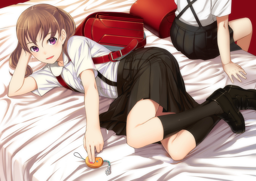 arm_support backpack bag bangs bed bed_sheet black_skirt blush brown_hair buckle crime_prevention_buzzer dutch_angle hair_between_eyes indoors keychain kneehighs long_hair looking_at_viewer lying multiple_girls on_bed on_side original purple_eyes randoseru school_uniform short_sleeves sitting sitting_on_bed skirt smile sody solo_focus twintails