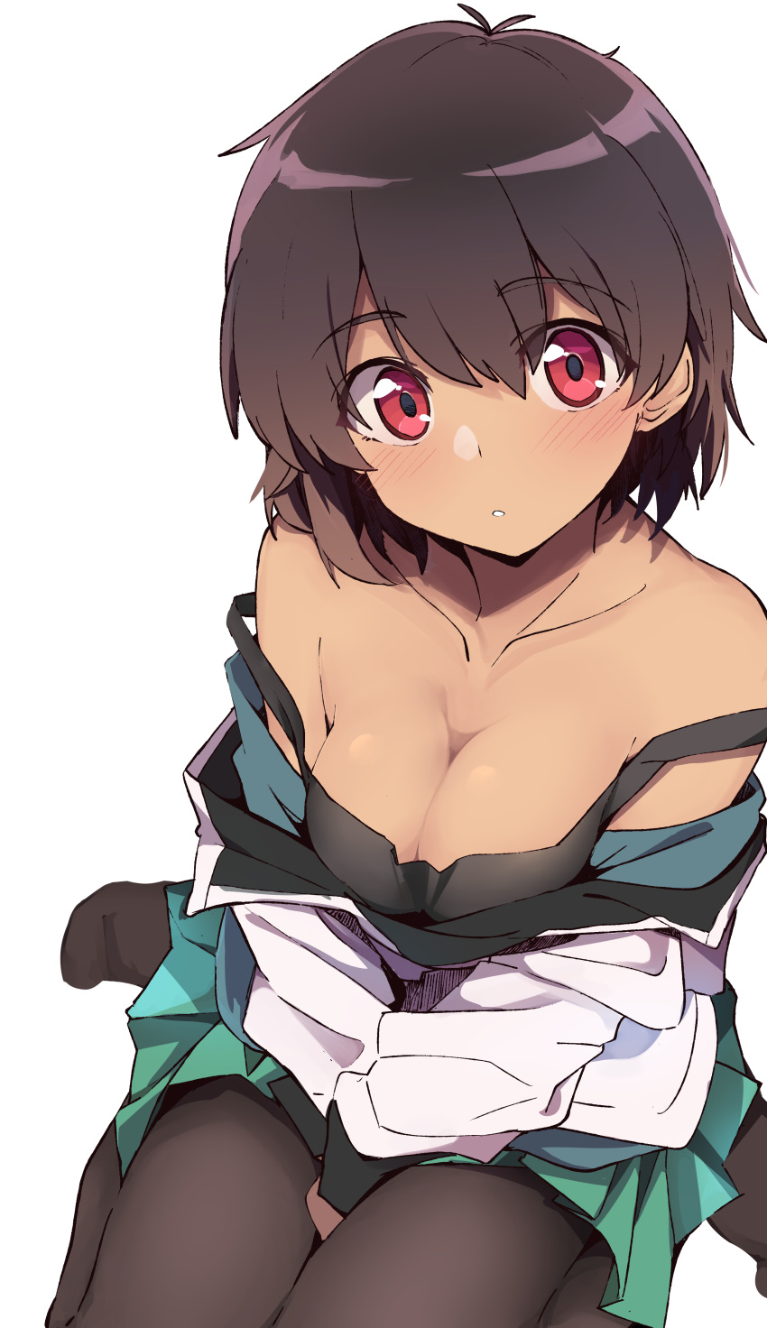 1girl absurdres bangs bare_shoulders between_legs black_tank_top blush breasts brown_hair brown_legwear cleavage collarbone commentary_request dark_skin eyebrows_visible_through_hair green_skirt hair_between_eyes hand_between_legs head_tilt highres kazenoko long_sleeves looking_at_viewer medium_breasts no_shoes off_shoulder original pantyhose parted_lips pleated_skirt red_eyes revision shirt simple_background sitting skirt solo strap_slip tank_top wariza white_background white_shirt