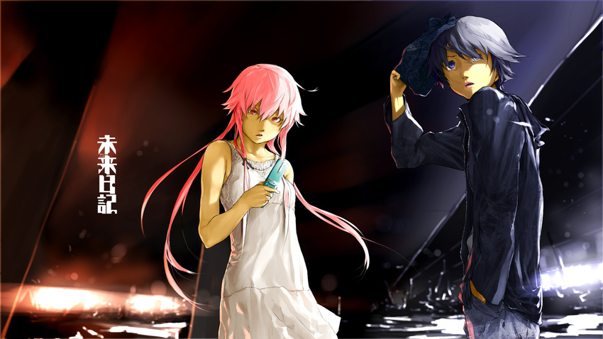 amano_yukiteru black_hair blue_eyes gasai_yuno loundraw mirai_nikki phone pink_eyes pink_hair