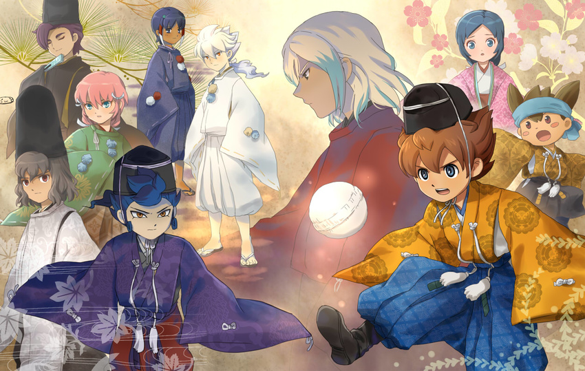 6+boys blue_hair blush_stickers brown_hair closed_eyes flower gouenji_shuuya hair_ornament hakuryuu_(inazuma_eleven) headband inazuma_eleven_(series) inazuma_eleven_go japanese_clothes kemari kirino_ranmaru long_hair matsukaze_tenma minamisawa_atsushi mizuhara_aki multicolored_hair multiple_boys nishizono_shinsuke older open_mouth pink_hair purple_hair shindou_takuto shuu_(inazuma_eleven) sorano_aoi tsurugi_kyousuke two-tone_hair unmoving_pattern