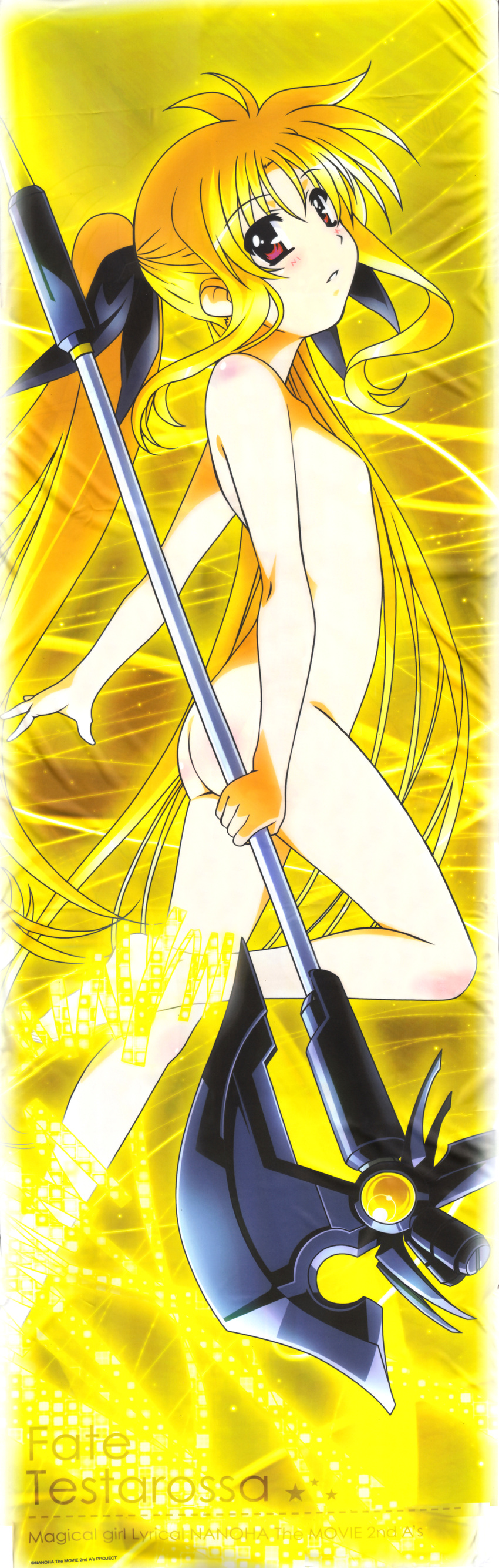 1girl absurdres ass bardiche blonde_hair blush bow character_name copyright_name crease dakimakura fate_testarossa feet flat_chest hair_bow highres incredibly_absurdres long_hair long_image lyrical_nanoha mahou_shoujo_lyrical_nanoha mahou_shoujo_lyrical_nanoha_a's mahou_shoujo_lyrical_nanoha_a's mahou_shoujo_lyrical_nanoha_the_movie_2nd_a's mahou_shoujo_lyrical_nanoha_the_movie_2nd_a's no_nipples nude red_eyes scan scythe solo star tall_image title_drop transformation twintails