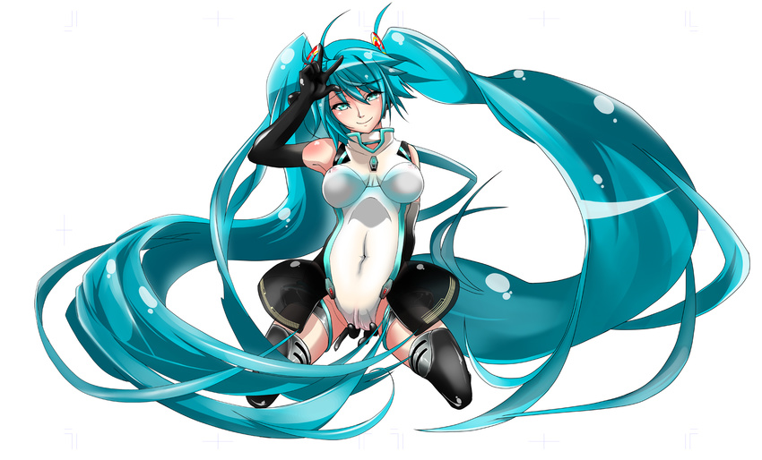 aqua_hair breasts covered_navel covered_nipples elbow_gloves gloves goodsmile_company goodsmile_racing green_eyes hatsune_miku highres kneeling kurosawa large_breasts leotard long_hair race_queen racing_miku racing_miku_(2011) see-through simple_background smile solo thighhighs twintails very_long_hair vocaloid white_background