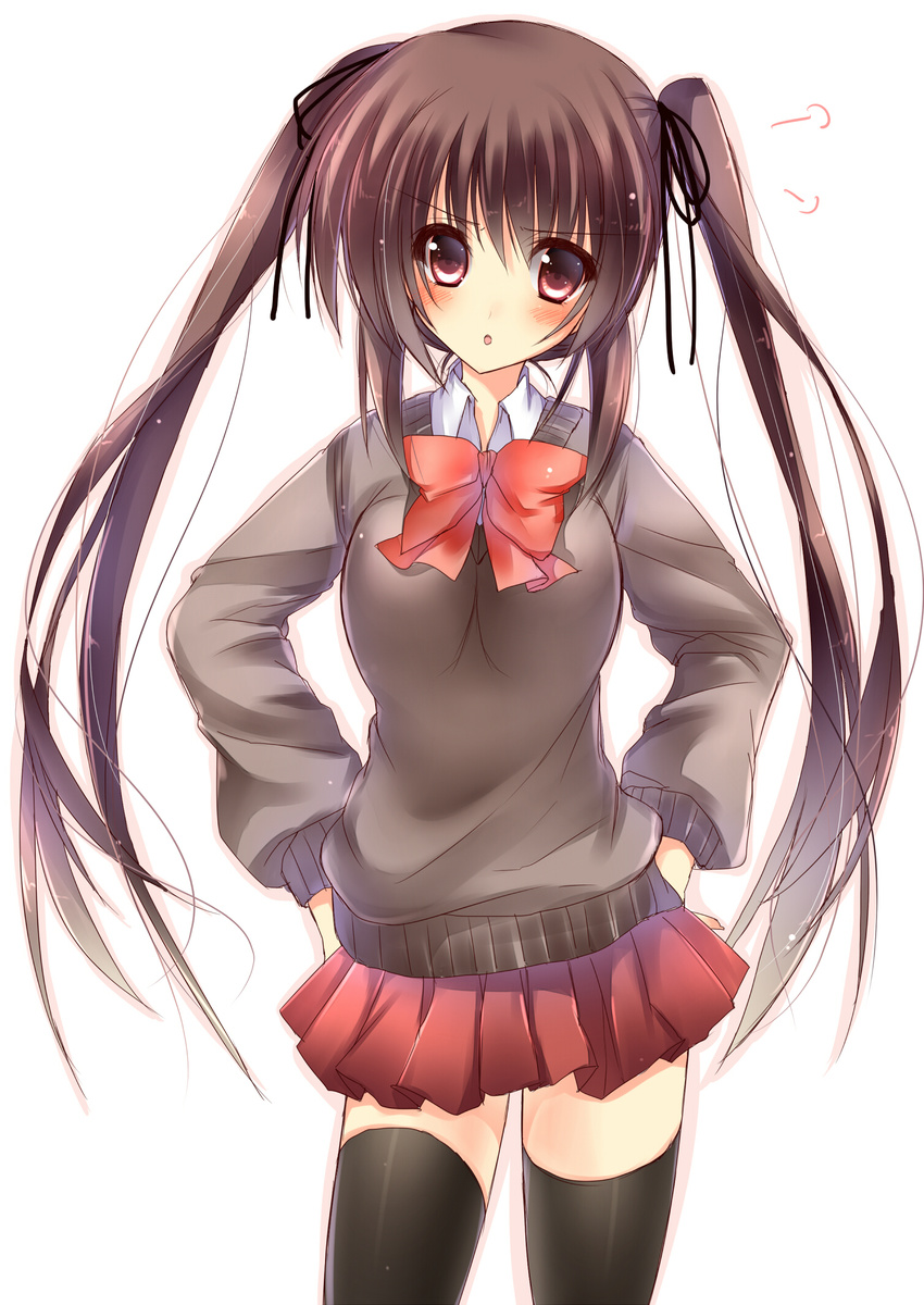 :o amane_ruri black_legwear blush bow brown_hair hair_ribbon hands_on_hips highres looking_at_viewer md5_mismatch original red_eyes ribbon school_uniform skirt solo thighhighs twintails white_background