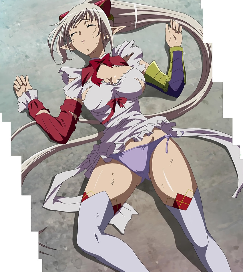 1girl aldora aldra_(queen's_blade) apron breasts defeated highres large_breasts laying_down lying panties pointy_ears queen's_blade queen's_blade_rebellion queen's_blade queen's_blade_rebellion screencap solo stitched torn_clothes underwear