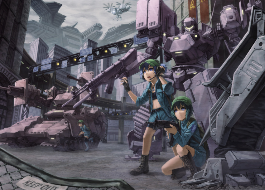 aircraft armored_core armored_core:_for_answer armored_core_5 arms_fort backpack bad_id bad_pixiv_id bag black_legwear blue_eyes blue_hair boots building cannon caution_tape crossover fence fingerless_gloves gloves gun hand_on_headphones hat helicopter highres holding kappa_mob kawashiro_nitori keep_out kurione_(zassou) mecha multiple_girls perspective rifle road running science_fiction sitting skyscraper spirit_of_mother_will street thighhighs touhou two_side_up weapon