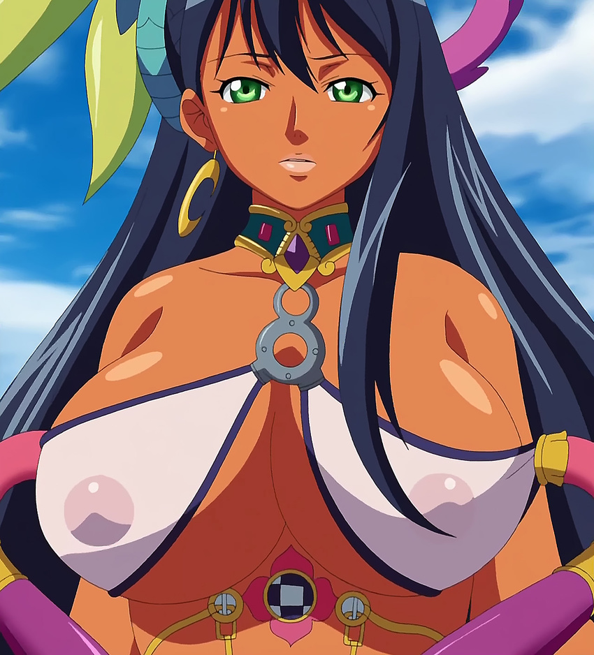 1girl black_hair breasts dark_skin green_eyes highres large_breasts long_hair lunaluna_(queen's_blade) queen's_blade queen's_blade_rebellion queen's_blade queen's_blade_rebellion runaruna see-through