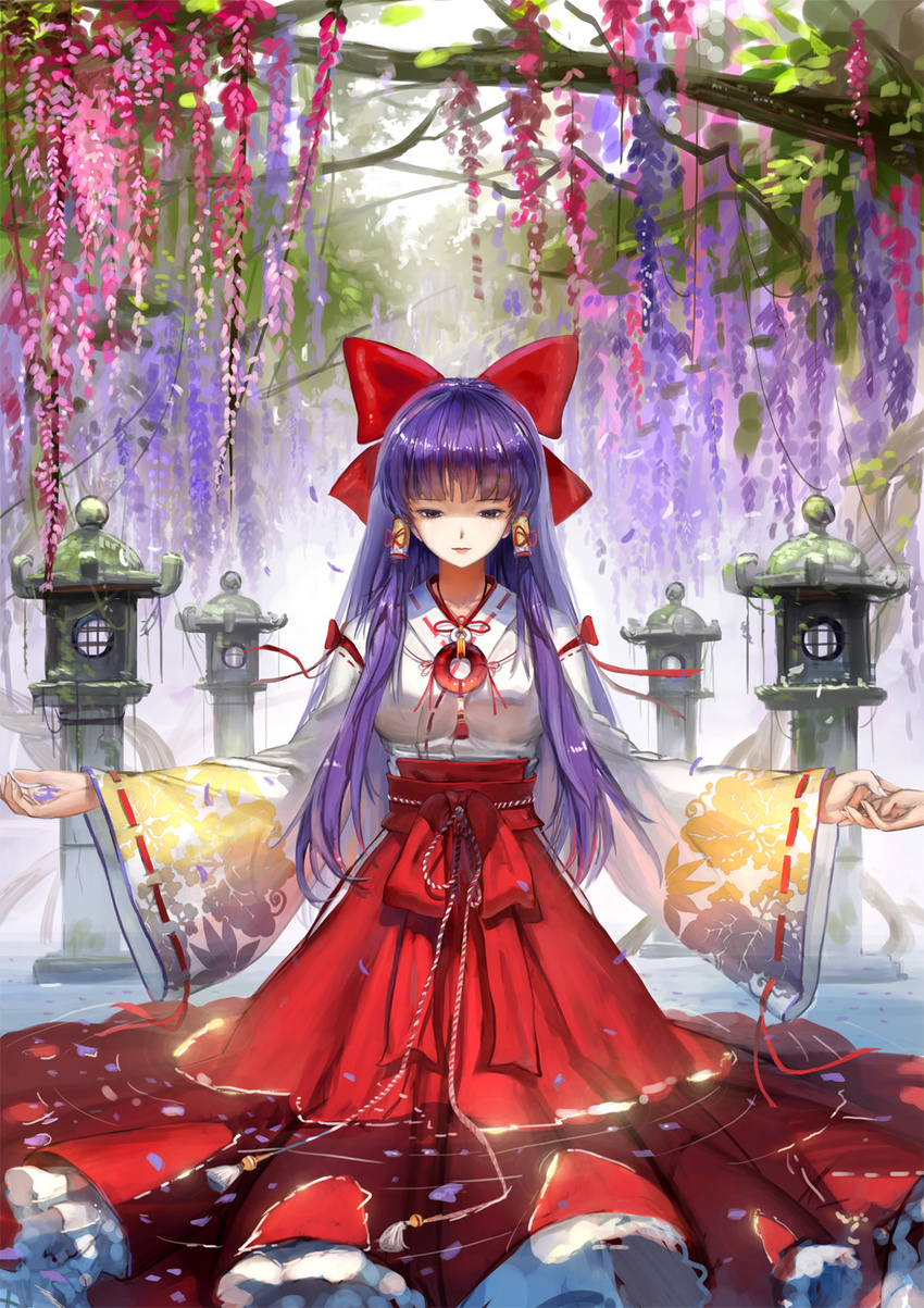 bangs bow breasts closed_mouth day eyebrows_visible_through_hair feet_out_of_frame fingernails flower hair_bow hair_tubes hakama hakurei_reimu hakurei_reimu_(pc-98) half-closed_eyes highres hip_vent holding_hands in_palm japanese_clothes jeanex jewelry leaf_print lips long_hair looking_down medium_breasts nature nontraditional_miko out_of_frame outdoors outstretched_hand overgrown partially_submerged pendant petals petals_on_liquid plant purple_eyes purple_hair red_bow red_hakama red_lips red_ribbon ribbon ribbon-trimmed_sleeves ribbon_trim ring ripples rope sash sidelocks solo_focus stone_lantern tassel touhou touhou_(pc-98) very_long_hair vines wading water water_surface wide_sleeves wisteria