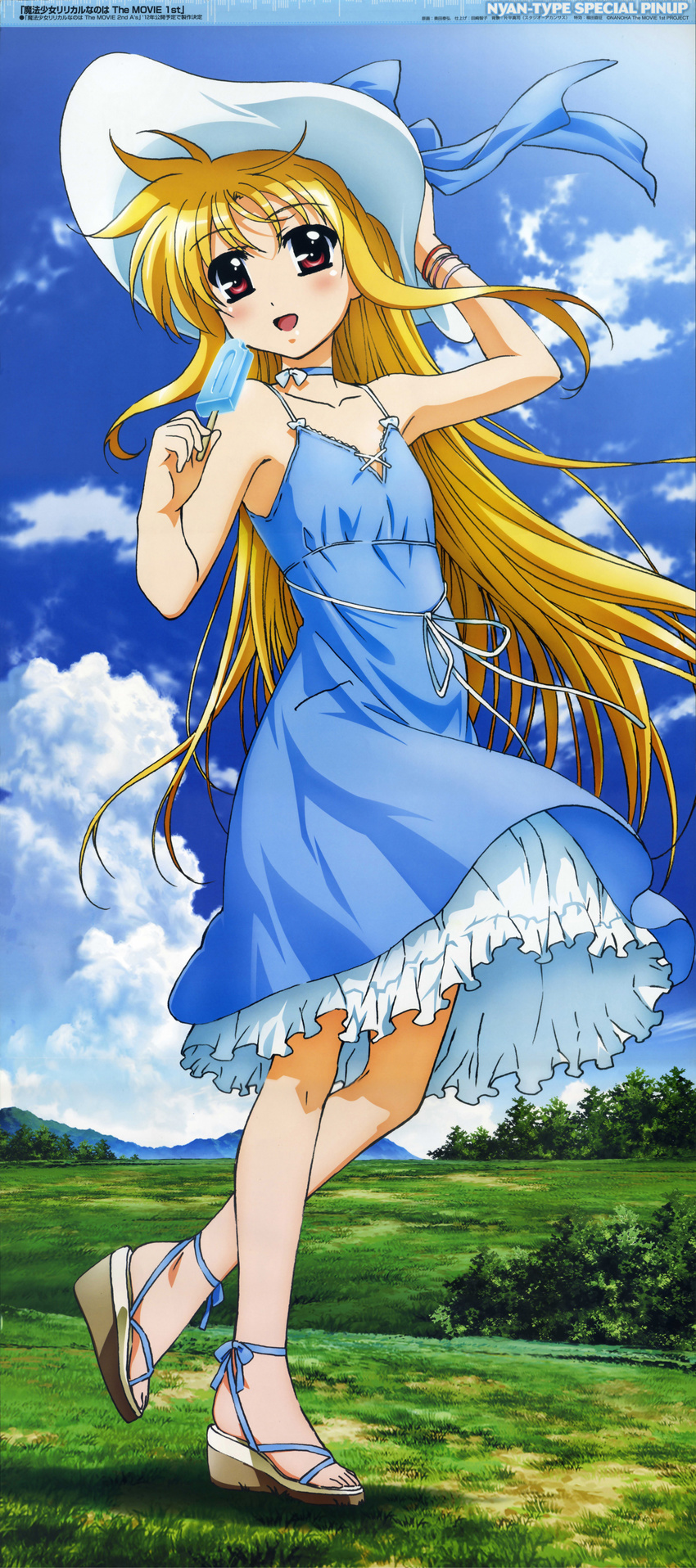1girl absurdres blonde_hair cloud dress fate_testarossa hat high_heels highres incredibly_absurdres legs long_hair long_image lyrical_nanoha mahou_shoujo_lyrical_nanoha nyantype official_art open_shoes popsicle red_eyes sandals shoes sky solo stick_poster tall_image very_long_hair wedge_heels