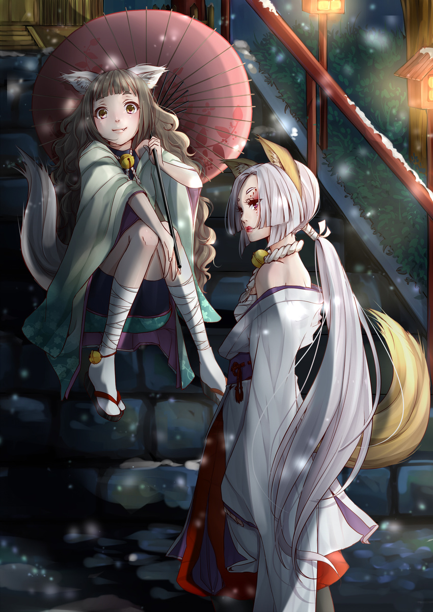 absurdres animal_ears bad_id bad_pixiv_id bandages bell black_legwear brown_hair facial_mark fang grey_hair highres japanese_clothes jingle_bell knees_together_feet_apart komainu leg_wrap lipstick long_hair makeup masami_chie multiple_girls off_shoulder oriental_umbrella original pantyhose personification ponytail purple_eyes sarashi sitting sitting_on_stairs sleeves_past_wrists smile snow stairs tail umbrella very_long_hair wavy_hair white_hair zouri