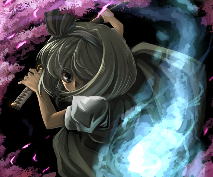 aaru_(tenrake_chaya) ghost hair_over_one_eye hitodama katana konpaku_youmu konpaku_youmu_(ghost) ready_to_draw ribbon short_hair silver_hair solo sword touhou weapon