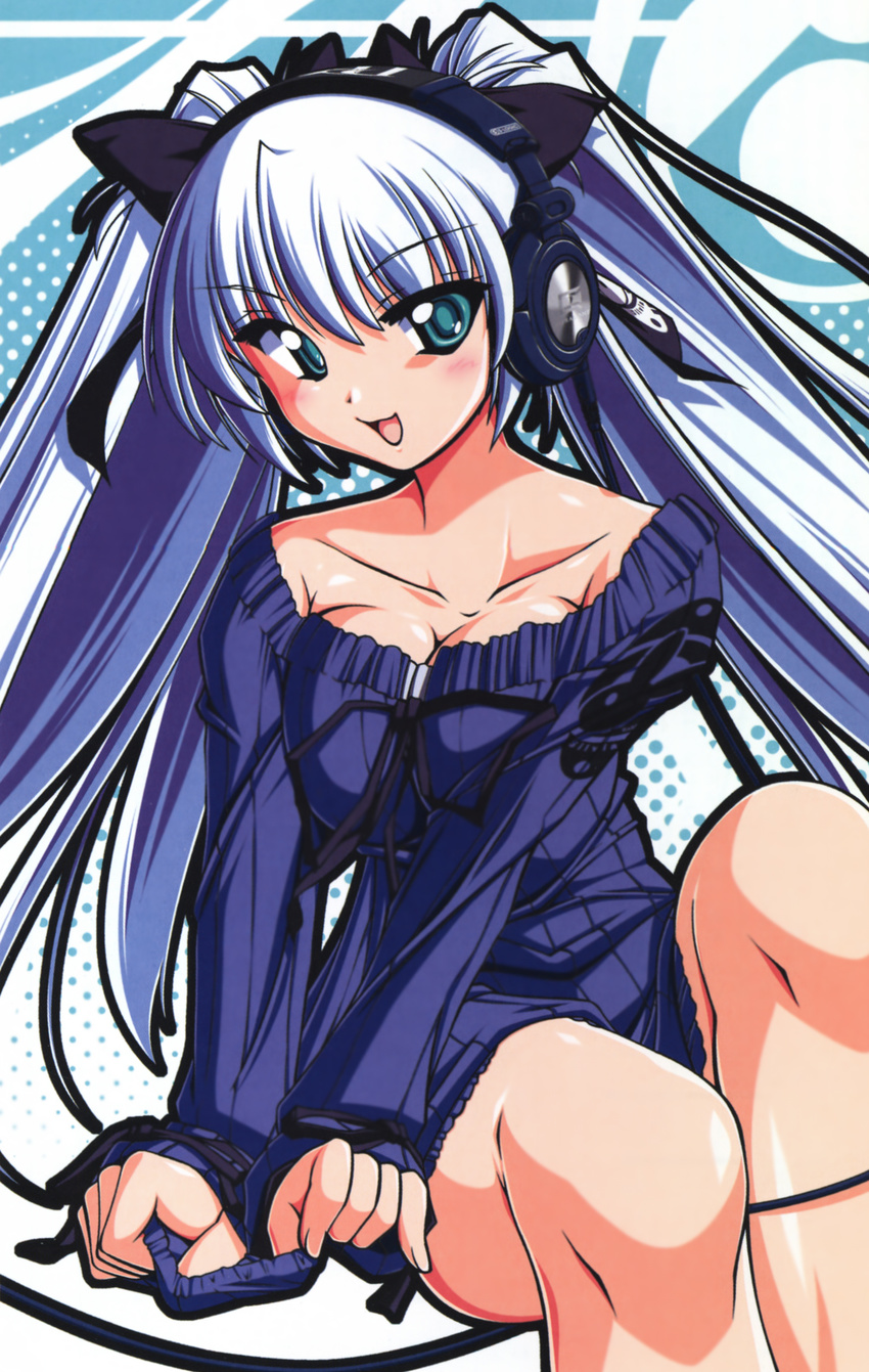 absurdres aqua_eyes blouse blue_hair breast_squeeze breasts cleavage dress hair_ornament headphones highres large_breasts long_hair nonsugar original smile solo sweater sweater_dress twintails