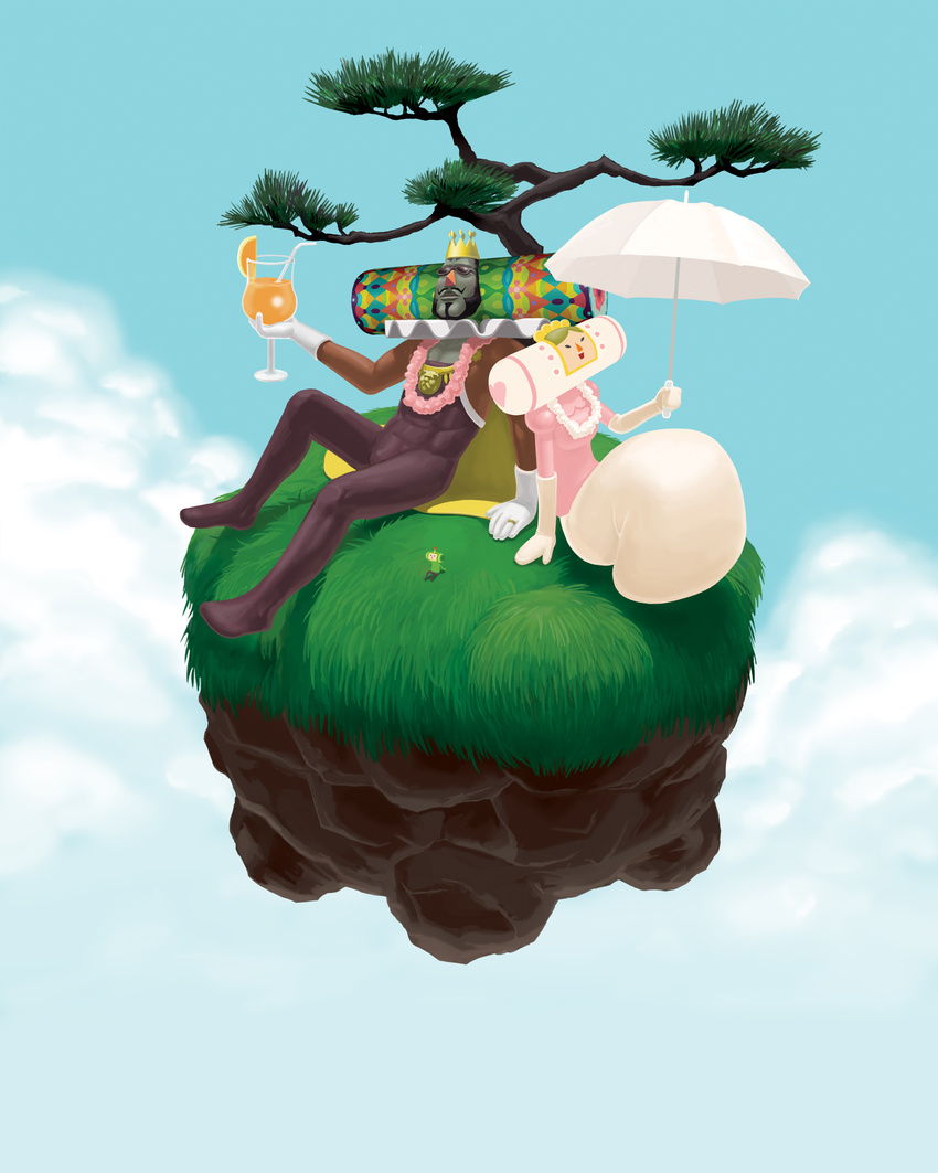 absurdres artist_request couple family floating_island hetero highres katamari_damacy king_of_all_cosmos official_art queen_of_all_cosmos the_prince tree umbrella