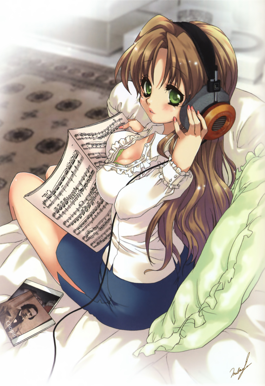 absurdres accent_mark bass_clef beamed_sixteenth_notes bra breasts brown_hair cd cleavage copyright_request covered_nipples downblouse eighth_note eighth_rest frederic_chopin from_above grado_labs green_eyes headphones highres large_breasts lingerie listening_to_music long_hair looking_at_viewer malino_(dream_maker) musical_note nail_polish pencil_skirt pillow pink_nails quarter_note real_life real_life_insert sharp_sign sheet_music shirt side_slit signature sitting skirt solo staccato treble_clef underwear