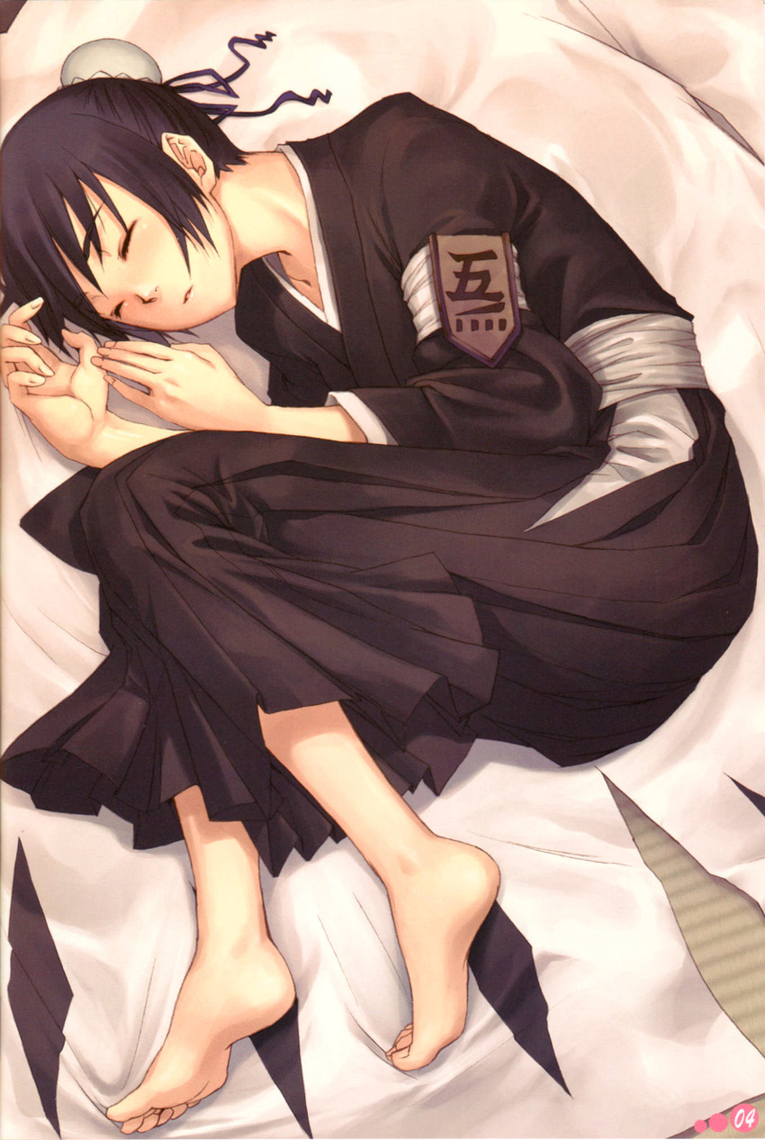 badge barefoot bed_sheet black_hair bleach bun_cover error feet fukutaichou_badge hair_bun highres hinamori_momo polydactyly pua sleeping solo toes