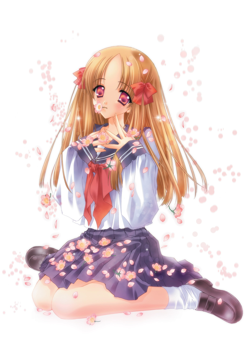 absurdres azuma_hatsumi bangs blonde_hair bow carnelian cherry_blossoms flower flower_in_mouth full_body hair_bow highres loafers long_hair long_sleeves looking_at_viewer neckerchief parted_bangs petals red_bow red_eyes scan school_uniform serafuku shoes simple_background sitting sleeves_past_wrists solo wariza white_background white_legwear yami_to_boushi_to_hon_no_tabibito