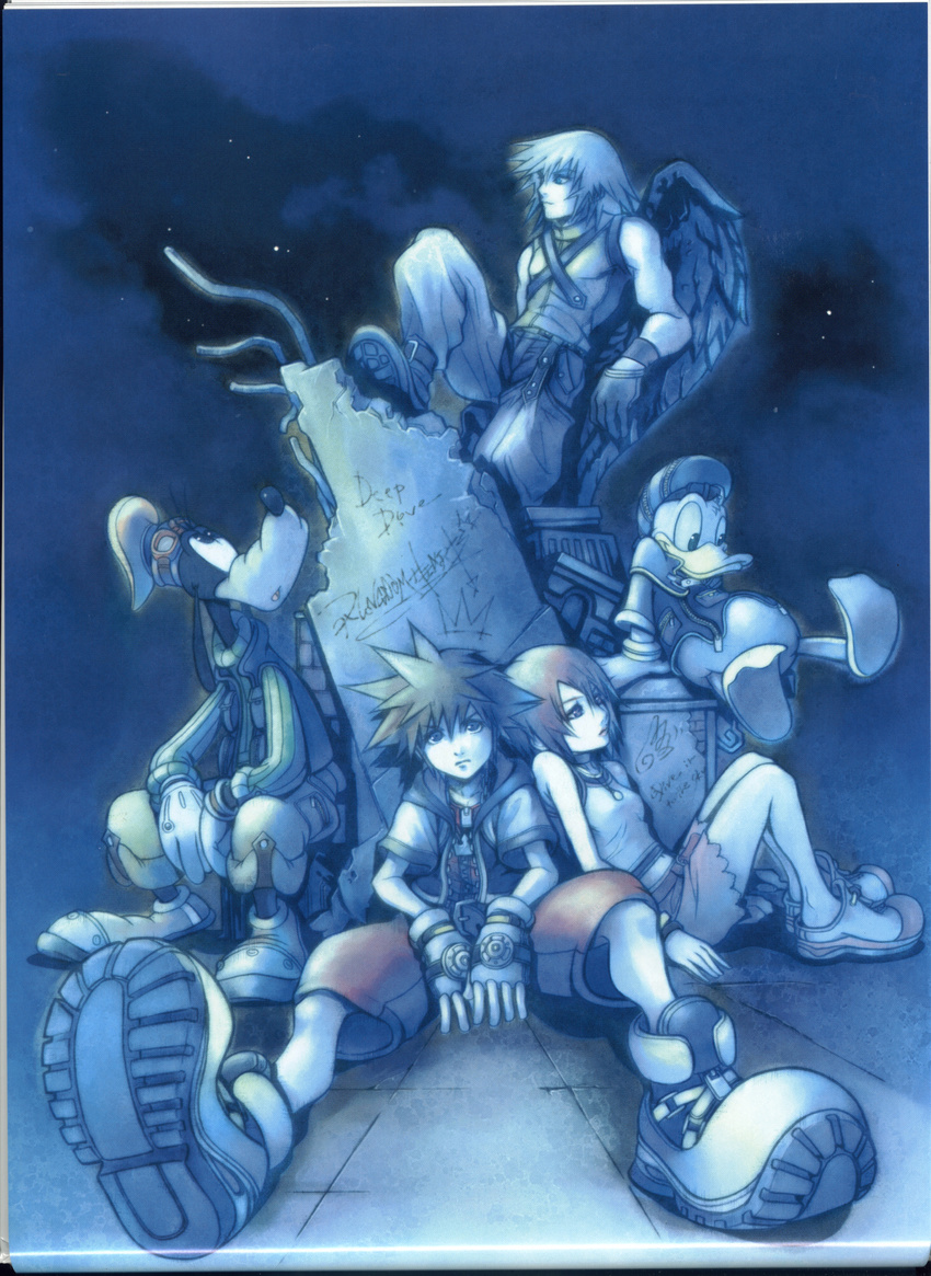 2boys disney donald_duck everyone furry goofy highres kairi_(kingdom_hearts) kingdom_hearts kingdom_hearts_i multiple_boys nomura_tetsuya official_art riku scan sora_(kingdom_hearts)