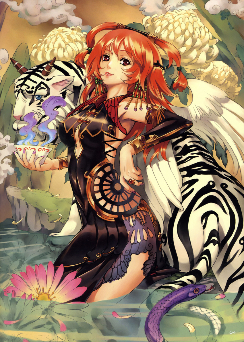 absurdres china_dress chinese_clothes colorful dress earrings eiwa highres jewelry original red_eyes red_hair scan snake solo tattoo tiger water