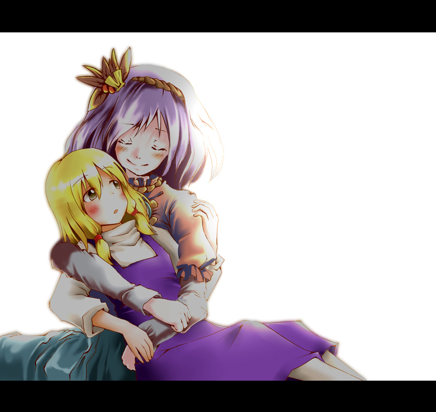 any_(lucky_denver_mint) backlighting bad_id bad_pixiv_id blonde_hair blush closed_eyes collaboration hair_ornament hug hug_from_behind leaf leaf_hair_ornament letterboxed moriya_suwako multiple_girls no_hat no_headwear purple_hair ribbon rope short_hair touhou yae_(mono110) yasaka_kanako yellow_eyes yuri