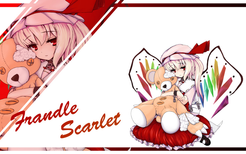 bad_id bad_pixiv_id blonde_hair bow collar eigetu engrish flandre_scarlet hat highres one_side_up ponytail ranguage red_eyes ribbon short_hair solo stuffed_animal stuffed_toy teddy_bear touhou wallpaper wings zoom_layer
