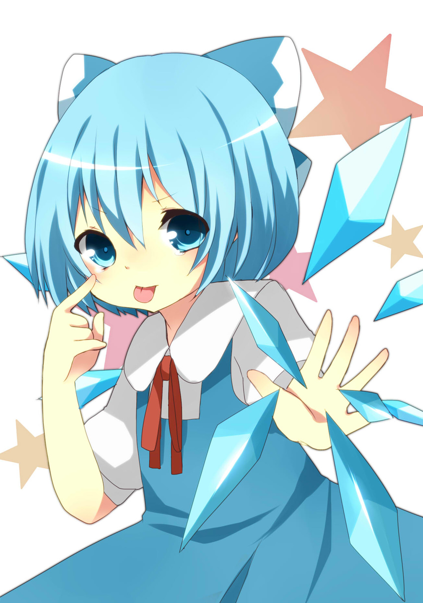 :p ai_1003 akanbe bad_id bad_pixiv_id blue_dress blue_eyes blue_hair bow cirno dress hair_bow highres ice ice_wings ribbon solo star tears tongue tongue_out touhou wings