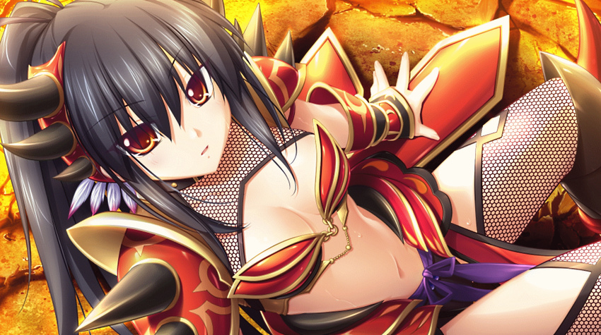 armor black_hair brown_eyes cleavage eushully kamidori_alchemy_meister long_hair yuela