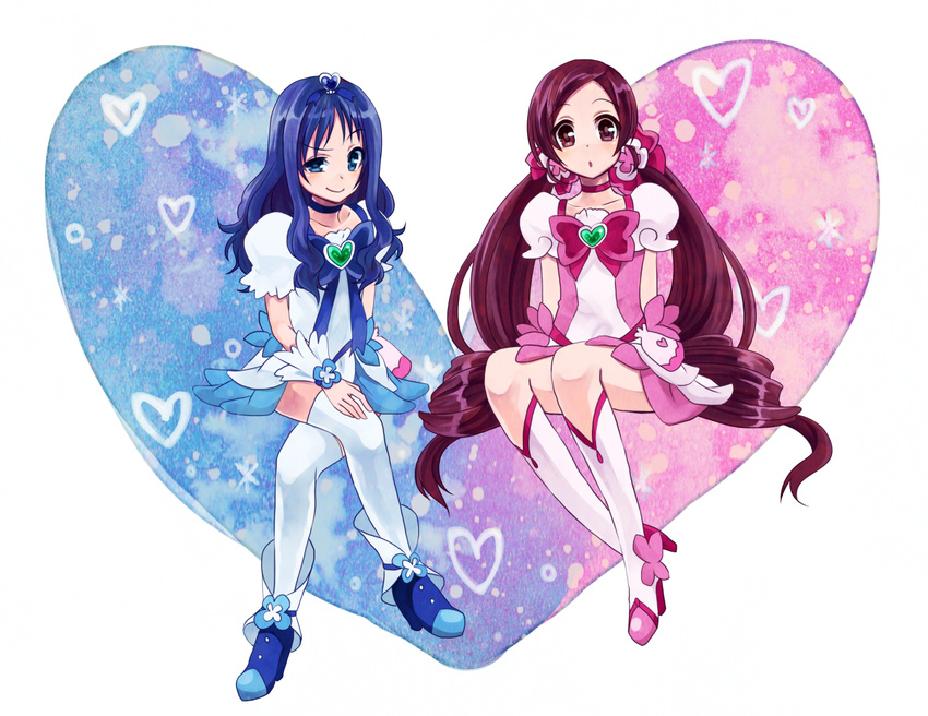 :0 bad_id bad_pixiv_id blue_choker blue_eyes blue_hair blue_skirt boots bow choker cosplay crossed_legs cure_blossom cure_blossom_(cosplay) cure_marine cure_marine_(cosplay) dress hair_ornament hair_ribbon hanasaki_tsubomi heart heartcatch_precure! knee_boots kurumi_erika long_hair looking_at_viewer magical_girl multiple_girls pink_bow pink_choker pink_eyes pink_hair ponytail precure red_eyes red_hair ribbon sasamaru_chimaki sitting skirt smile thighhighs twintails white_legwear wrist_cuffs