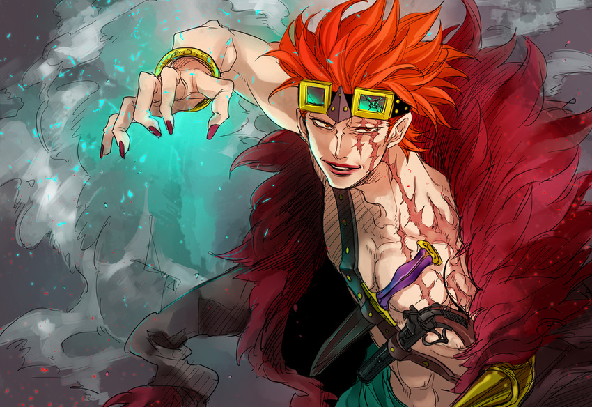 bracelet eustass_captain_kid fighting_stance fur_jacket goggles gun handgun jewelry knife male male_focus mayuki_(ubiquitous) nail_polish one_piece pistol red_hair scar sirou69 solo topless weapon