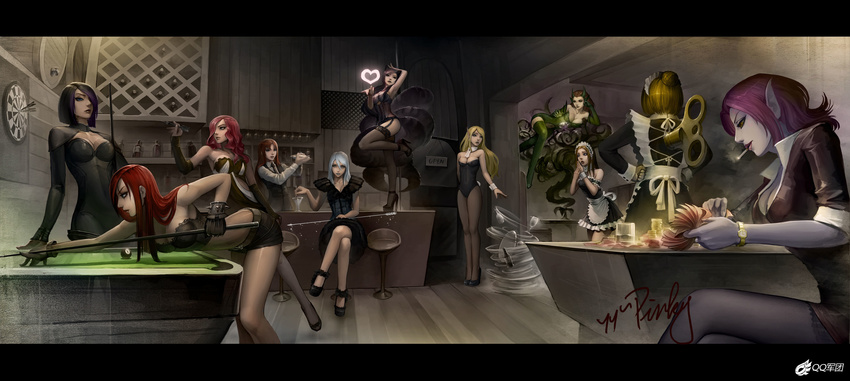 absurdres ahri android animal_ears annotated apron ashe_(league_of_legends) ball bar bare_shoulders bartender billiards black_hair blonde_hair blue_eyes blue_hair bra breasts brown_hair bunnysuit cigarette cleavage corset cue_ball cue_stick dart dartboard darts fiora_laurent fox_ears fox_tail garter_straps glass gloves green_eyes heart high_heels highres janna_windforce katarina_du_couteau league_of_legends leaning_forward leona_(league_of_legends) letterboxed long_hair luxanna_crownguard maid maid_headdress medium_breasts morgana multiple_girls necktie orianna_reveck plant plate pointy_ears pole_dancing pool_table purple_hair purple_skin red_hair sarah_fortune scar shoes short_hair short_shorts shorts sign signature silver_hair smoking spikes stripper_pole tail thighhighs underwear vines waist_apron watch wind winding_key zyra