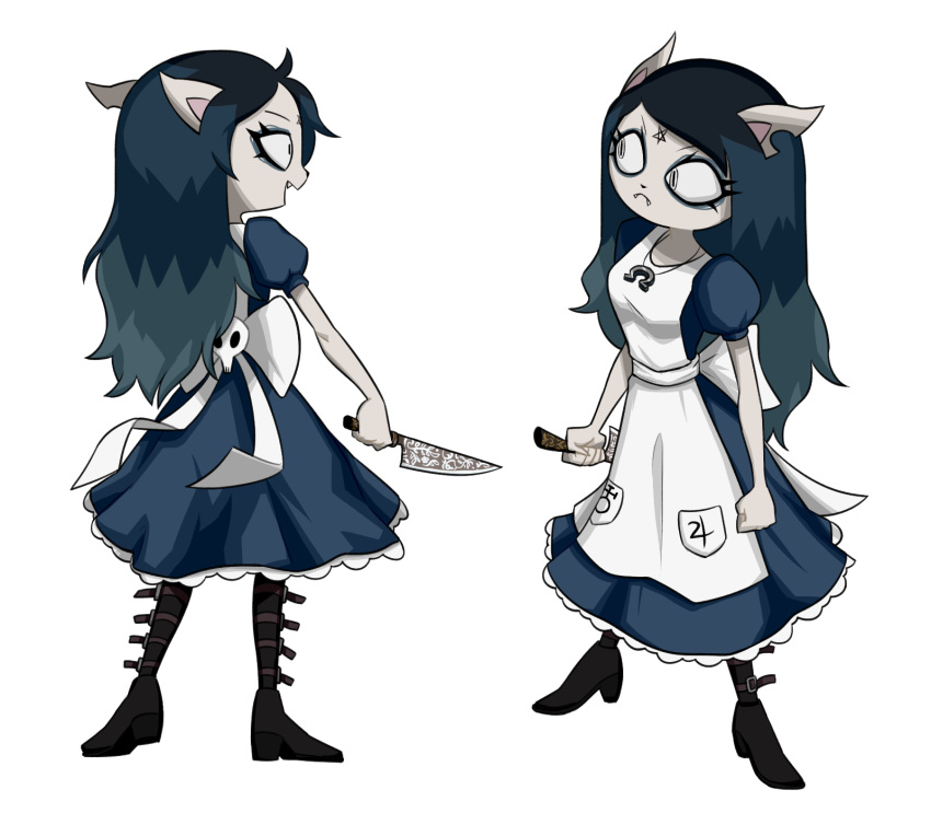 2018 4_fingers alice_liddell alternate_costume american_mcgee's_alice angry anthro black_hair boots breasts cat claire_(the_summoning) clenched_fists clothed clothing collage crossover digital_media_(artwork) dress eyeshadow fangs feline female flowerimh footwear frown fur hair hi_res holding_object knife long_hair makeup mammal pentagram simple_background slit_pupils smile standing the_summoning white_background white_fur