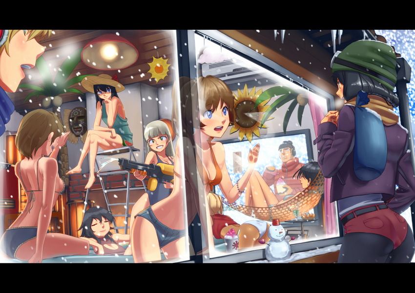 bikini flower from_outside hammock hat highres icicle ladder looking_out_window multiple_girls original rog_rockbe snowman sunflower swimsuit television water_gun window winter_clothes