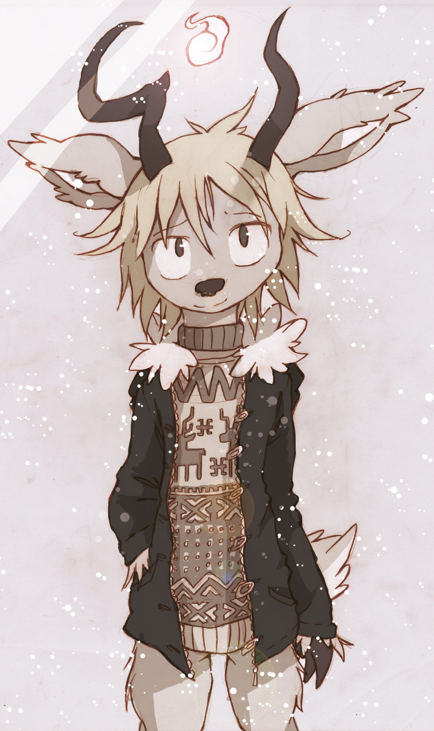 anthro antlers bottomless cervine clothing coat cute deer grey_hair hair horn i-saw-a-deer-yesterday jacket lonelycross looking_at_viewer male mammal morgun short_hair snow snowing solo sweater winter