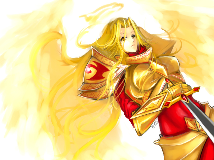 angel armor blonde_hair breastplate breasts gauntlets halo highres kayle kumiko_shiba large_breasts league_of_legends long_hair pauldrons solo sword weapon wings yellow_eyes